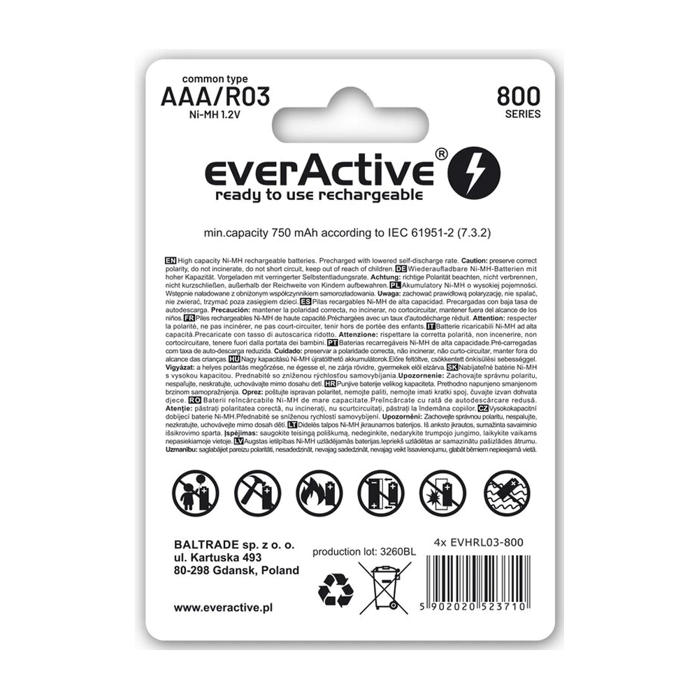 Herlaadbare AAA batterijen Precharged EverActive NiMH batterijen - 800mAh (4stuks)